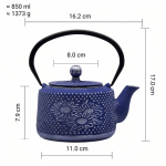 Japanse gietijzeren theepot met theezeef — Indigoblauw met bloemen, 850 ml
