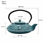 Japanse gietijzeren theepot met theezeef — Petrolblauw met bladmotief, 800 ml