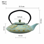 Japanse gietijzeren theepot met theezeef — Turquoiseblauw met gouden bloemen, 800 ml