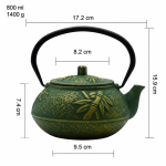 Japanse gietijzeren theepot met theezeef — Zeer donkergroen met gouden bladmotief, 800 ml