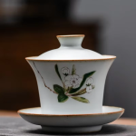 Keramische gaiwan met vier bloem en fruitmotieven — Witte bloemen