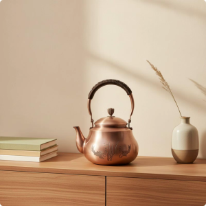 Koperen theepot met vissen en gravure