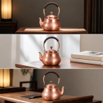 Koperen theepot met vissen en gravure