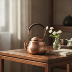 Koperen theepot met vissen en gravure