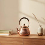 Koperen theepot met vissen en gravure