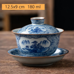 Porseleinen gaiwan theeset met schenkkan — Kom met deksel, landschappen en rasterwerk