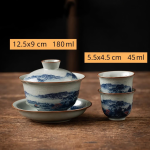 Porseleinen gaiwan theeset met schenkkan — Kom met deksel met kopjes, blauwe landschappen