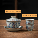 Porseleinen gaiwan theeset met schenkkan — Kom met deksel met kopjes, karakters en rode zegels