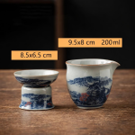 Porseleinen gaiwan theeset met schenkkan — Kopje op voet en schenkkan, blauwe landschappen