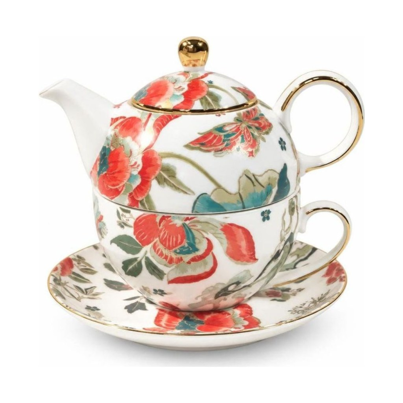 Porseleinen theepot met kopje en bloemendecor