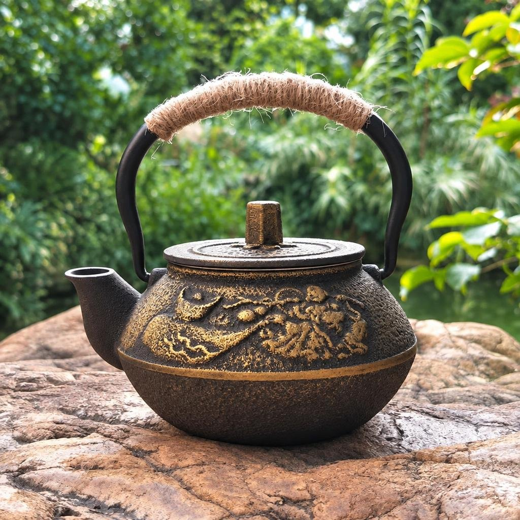 Retro gietijzeren theepot met filter van 300 ml — Golvend goudkleurig decor
