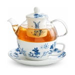 Theeservies met glazen theepot en blauw konijn