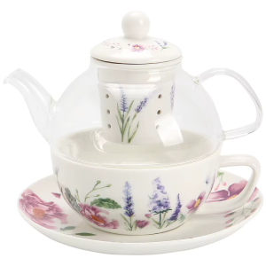 Theeservies met glazen theepot en blauw konijn